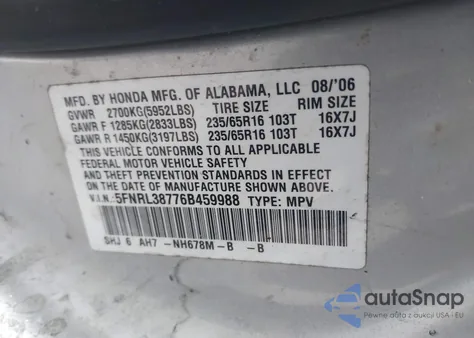 2006 Honda Odyssey Ex-L z USA, uszkodzony, nr VIN 5FNRL38776B459988